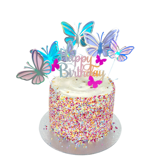Iridescent butterfly cake toppers pink rainbow happy birthday acrylic cake product photo