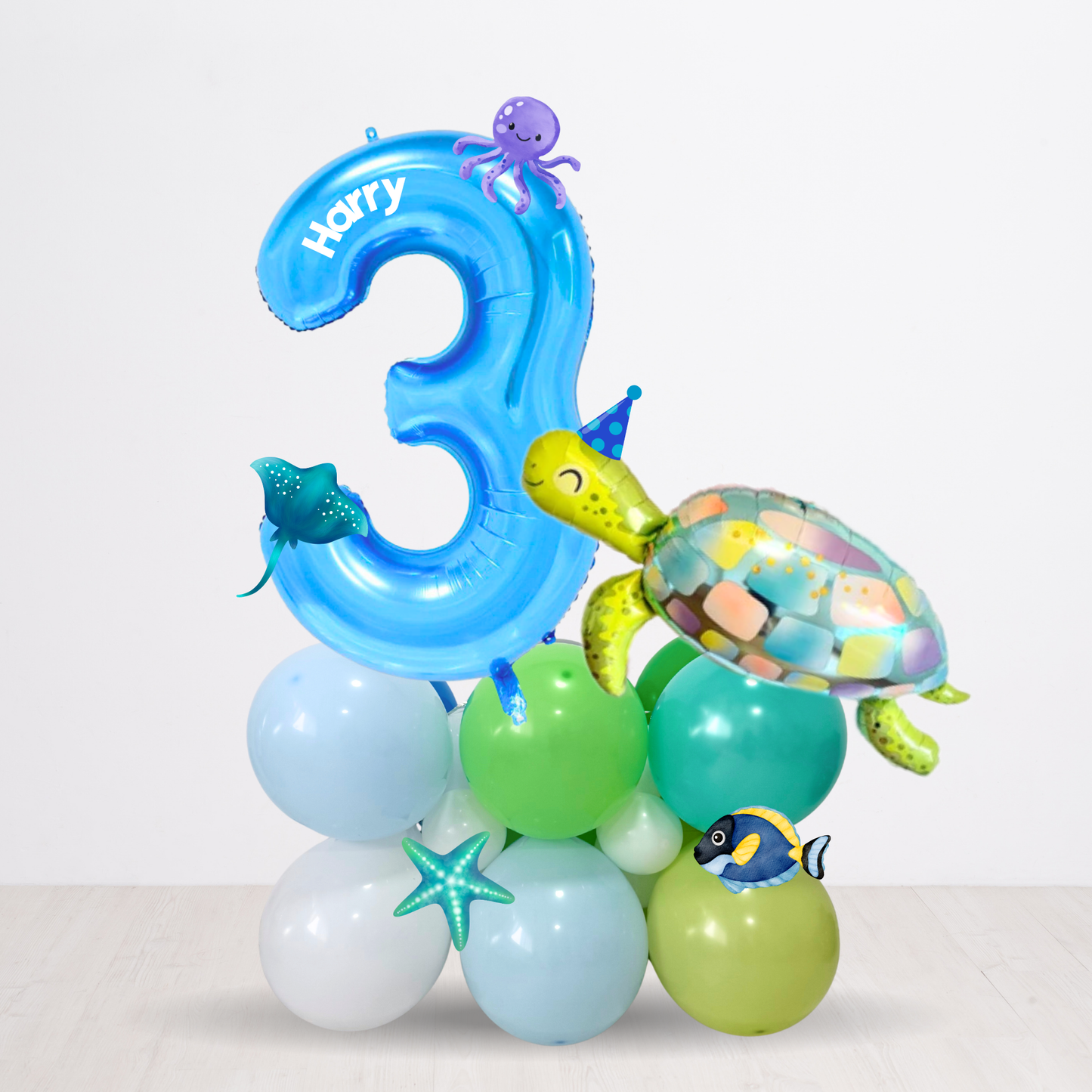 Personalised DIY sea themed turtle green balloon sculpture birthday stack stand