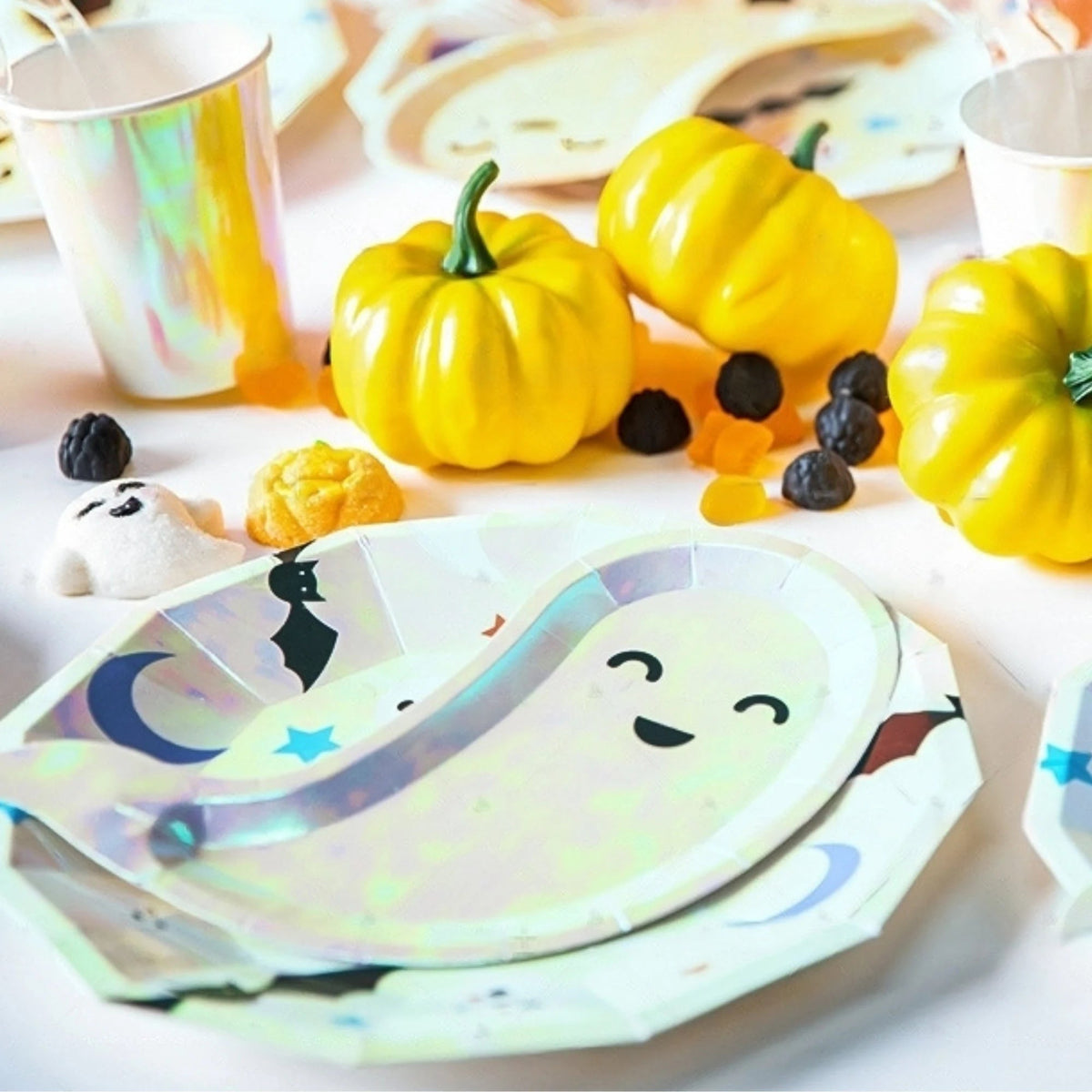8-pack iridescent halloween ghosts paper plates cups set product photo 2