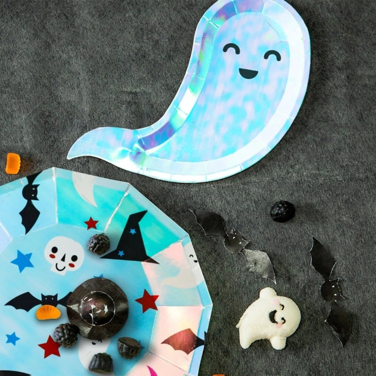 8-pack iridescent halloween ghosts paper plates cups set product photo 3