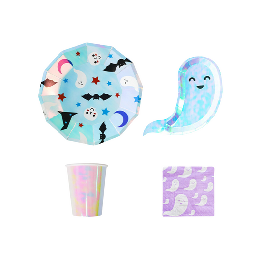 8-pack iridescent halloween ghosts paper plates cups set product photo