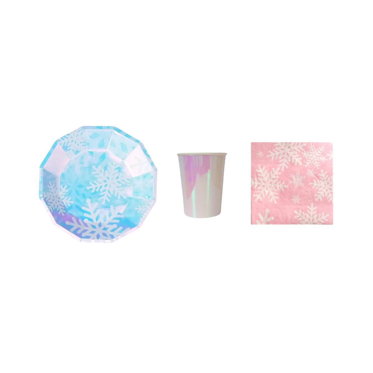 8-pack iridescent snowflakes paper plates cups set product photo 2