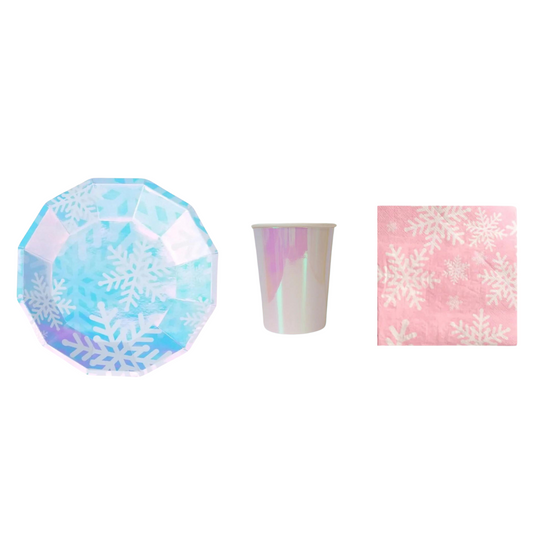8-pack iridescent snowflakes paper plates cups set product photo