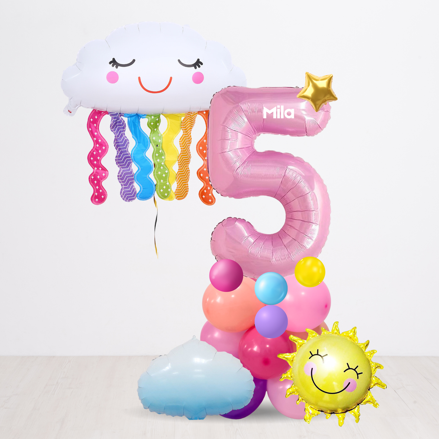 Personalised DIY rainbow sun and cloud balloon sculpture stack stand