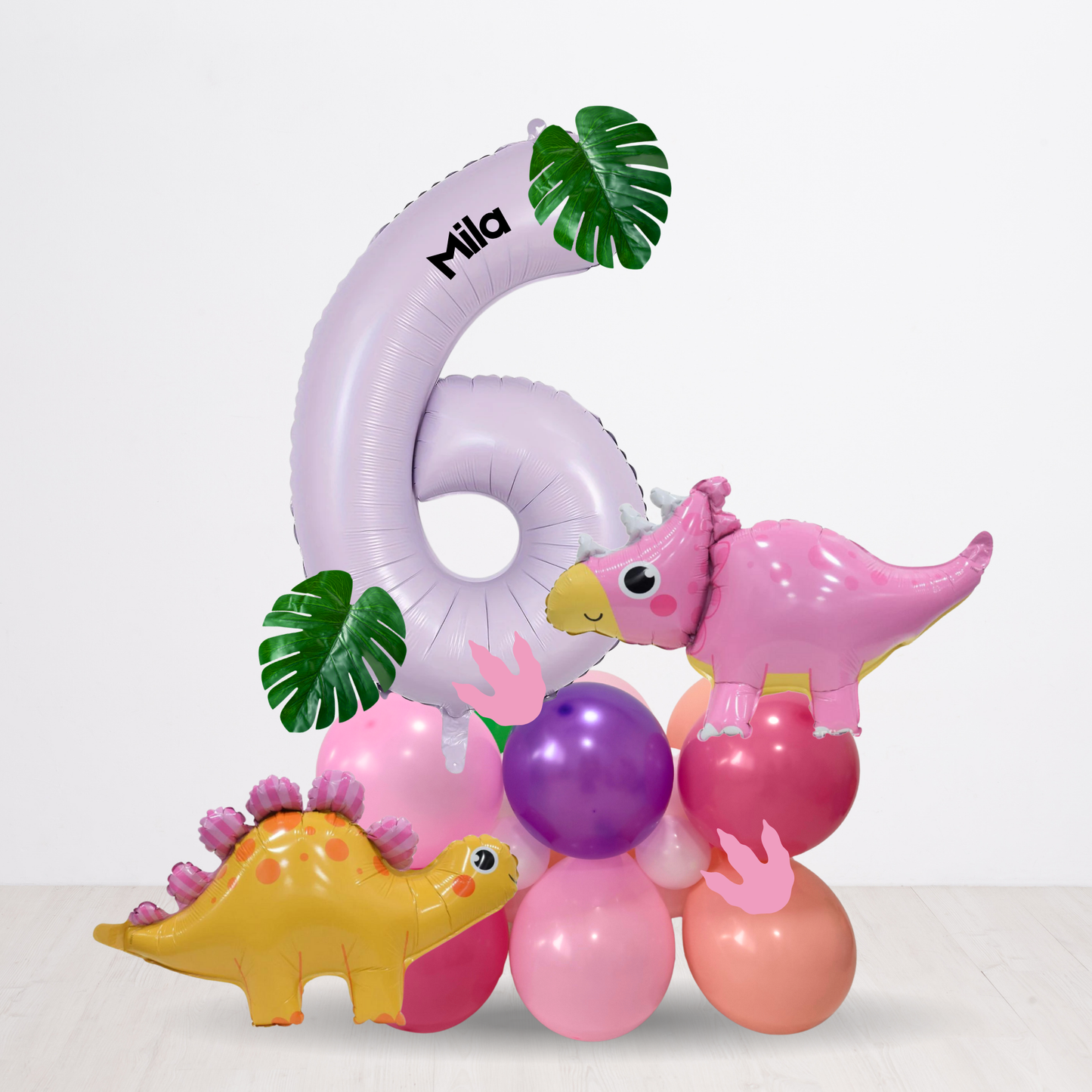 Personalised DIY cute pink yellow dinosaurs balloon sculpture stack stand
