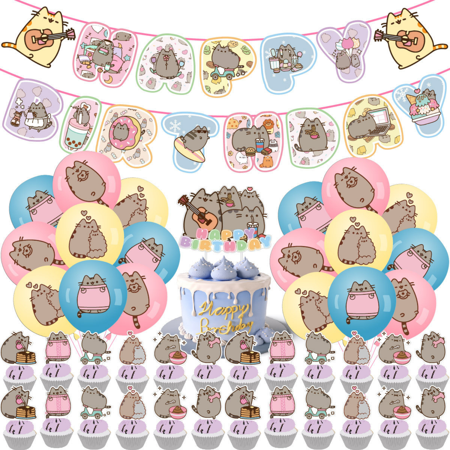 Cat birthday balloon bunting banner cake topper set - TheLittleStuff