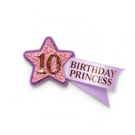 Hand Made Personalised Shooting Star Birthday Badge – Any Age, Name or Message Lavender, Pink & Gold