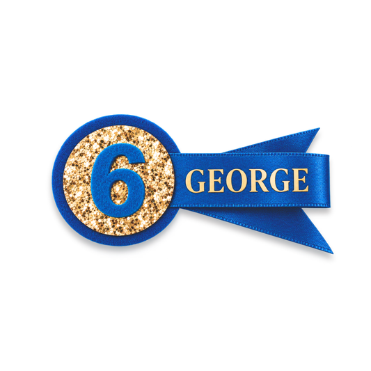 Hand Made Personalised Round Circle Birthday Badge – Any Age, Name or Message Blue & Gold