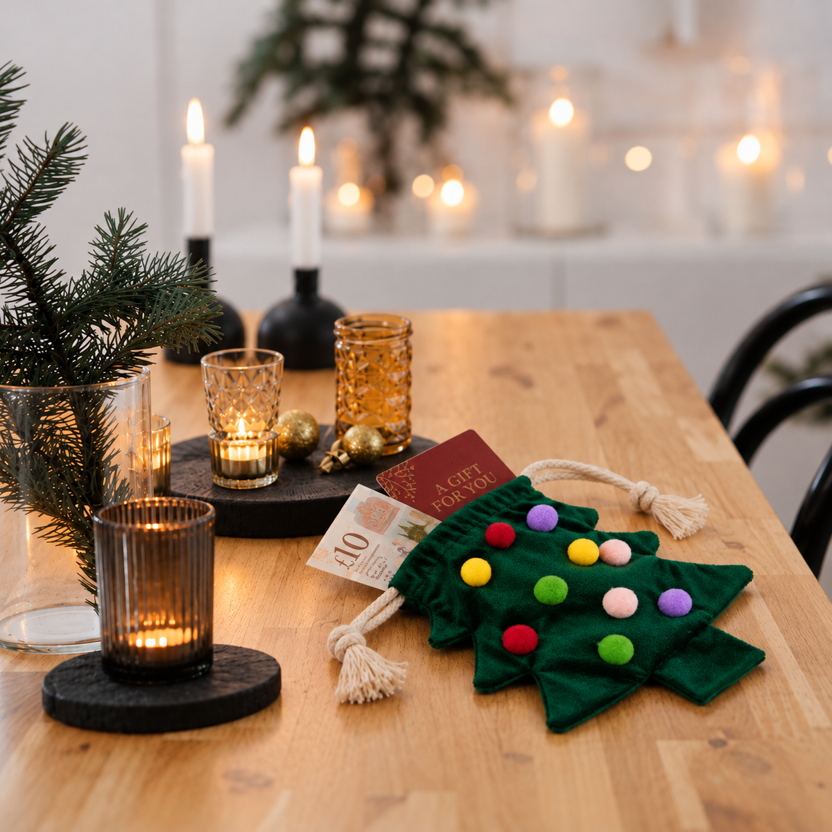 Christmas Tree shaped Pouches with Bell and Pom Pom decorations For Small Gifts, Money or Vouchers