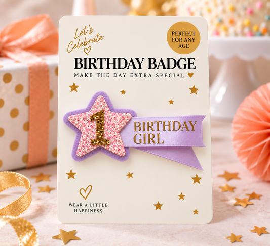 Hand Made Personalised Shooting Star Birthday Badge – Any Age, Name or Message Lavender, Pink & Gold