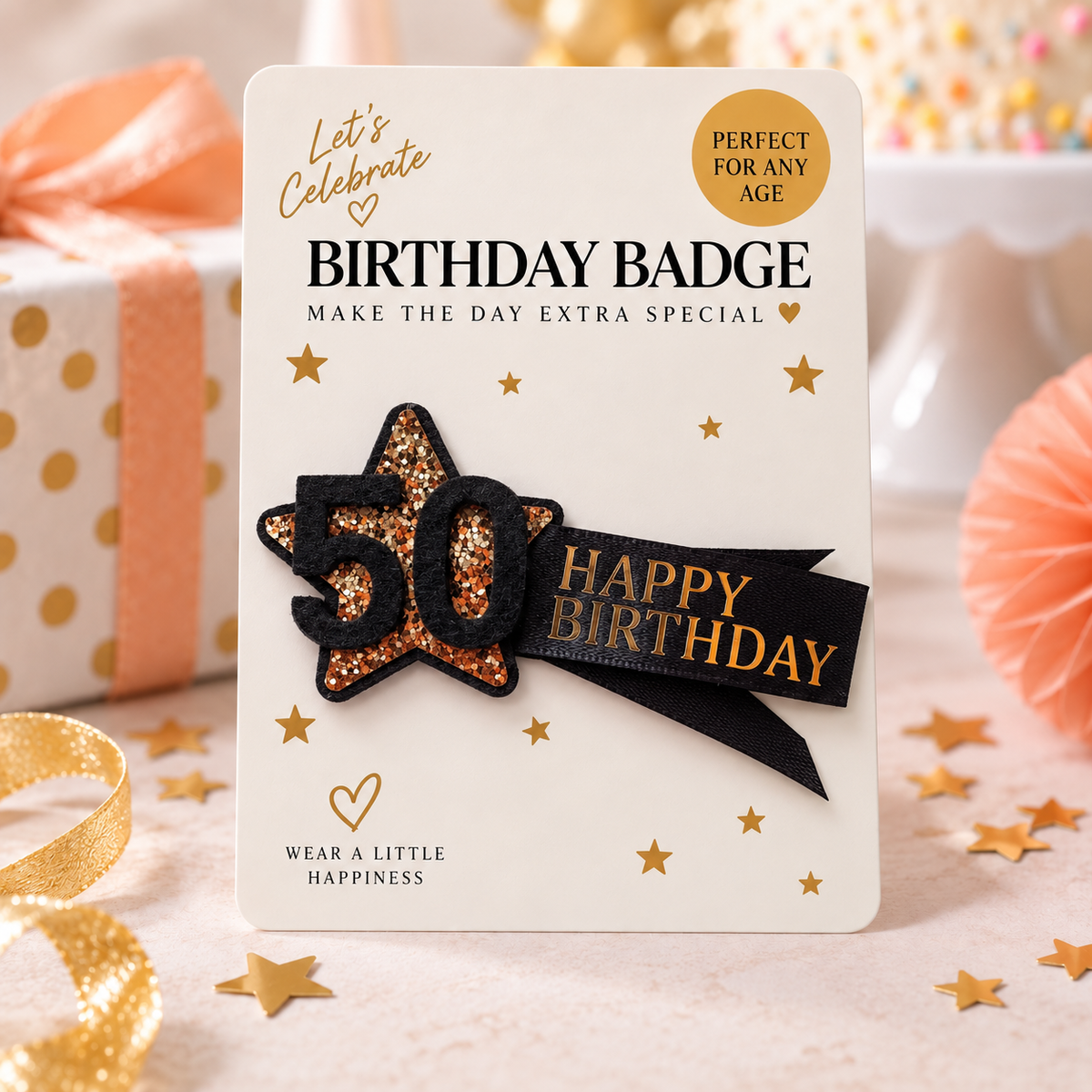 Hand Made Personalised Shooting Star Birthday Badge – Any Age, Name or Message Black & Gold