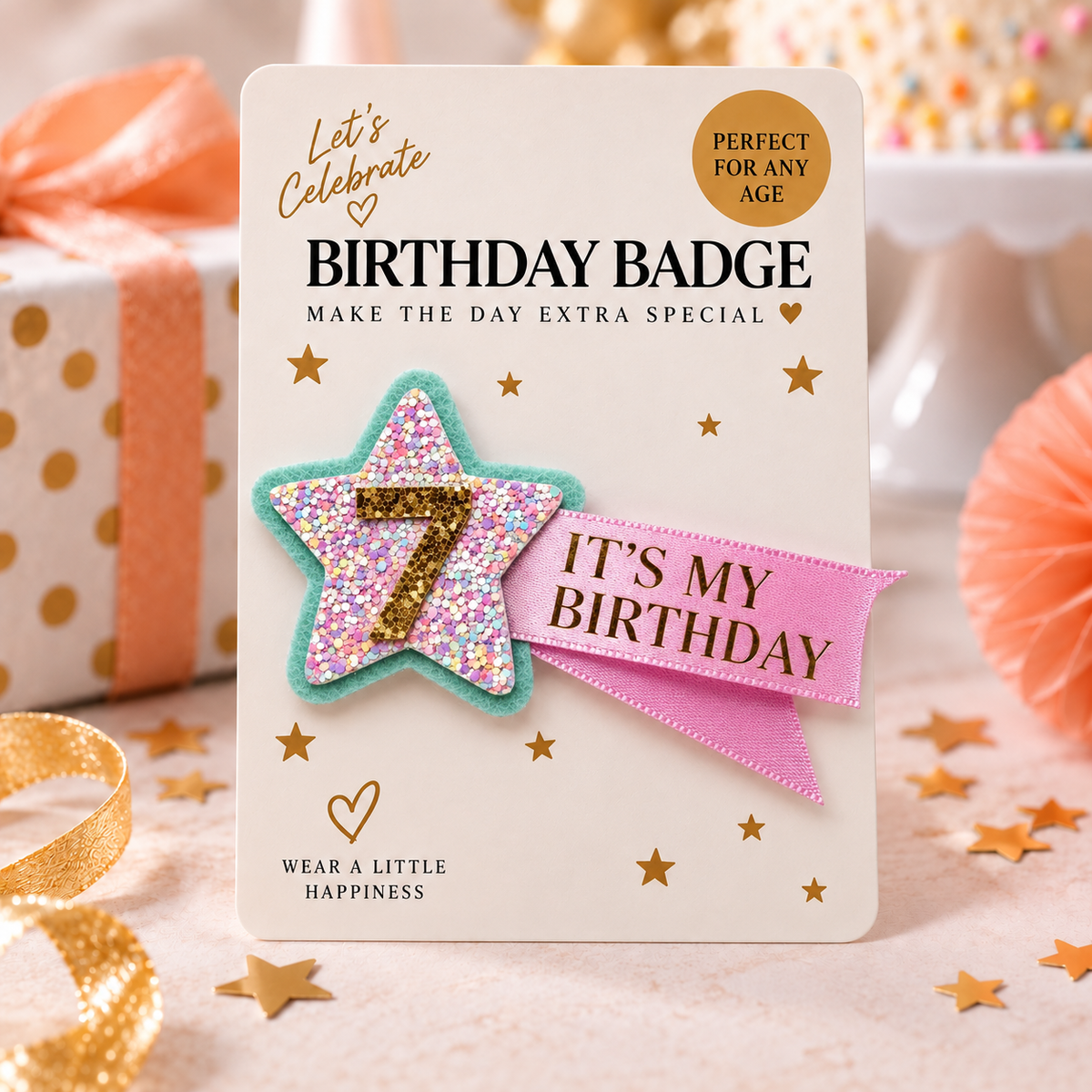 Hand Made Personalised Shooting Star Birthday Badge – Any Age, Name or Message Mint & Iridescent Pink