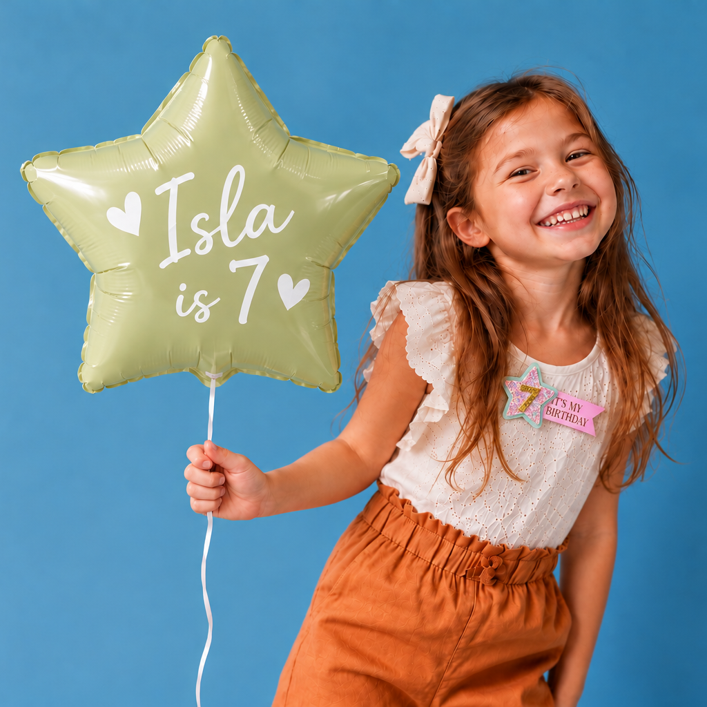A young girl with a white bow in her hair smiles while holding a light green star-shaped foil balloon that says 'Isla is 7' against a solid blue background.