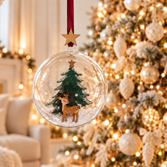 Laser-Cut Wooden Reindeer in Forest Christmas Bauble