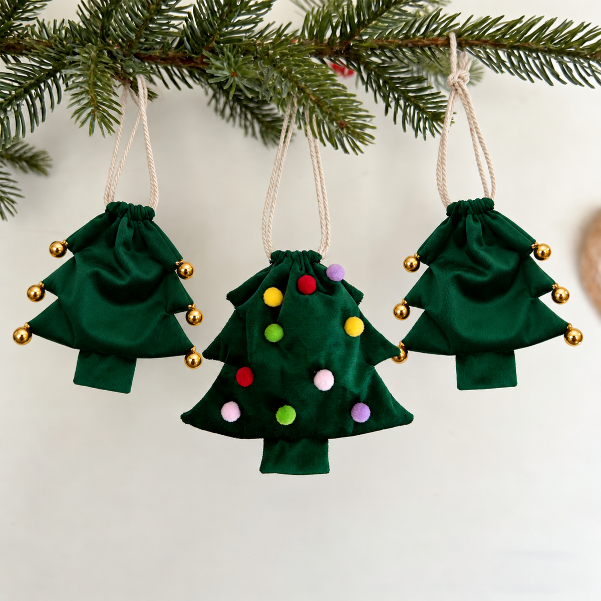 Christmas Tree shaped Pouches with Bell and Pom Pom decorations For Small Gifts, Money or Vouchers