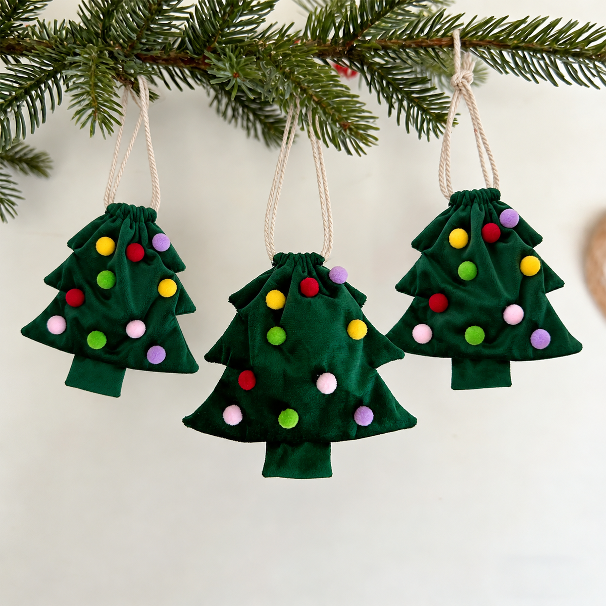 Christmas Tree shaped Pouches with Bell and Pom Pom decorations For Small Gifts, Money or Vouchers
