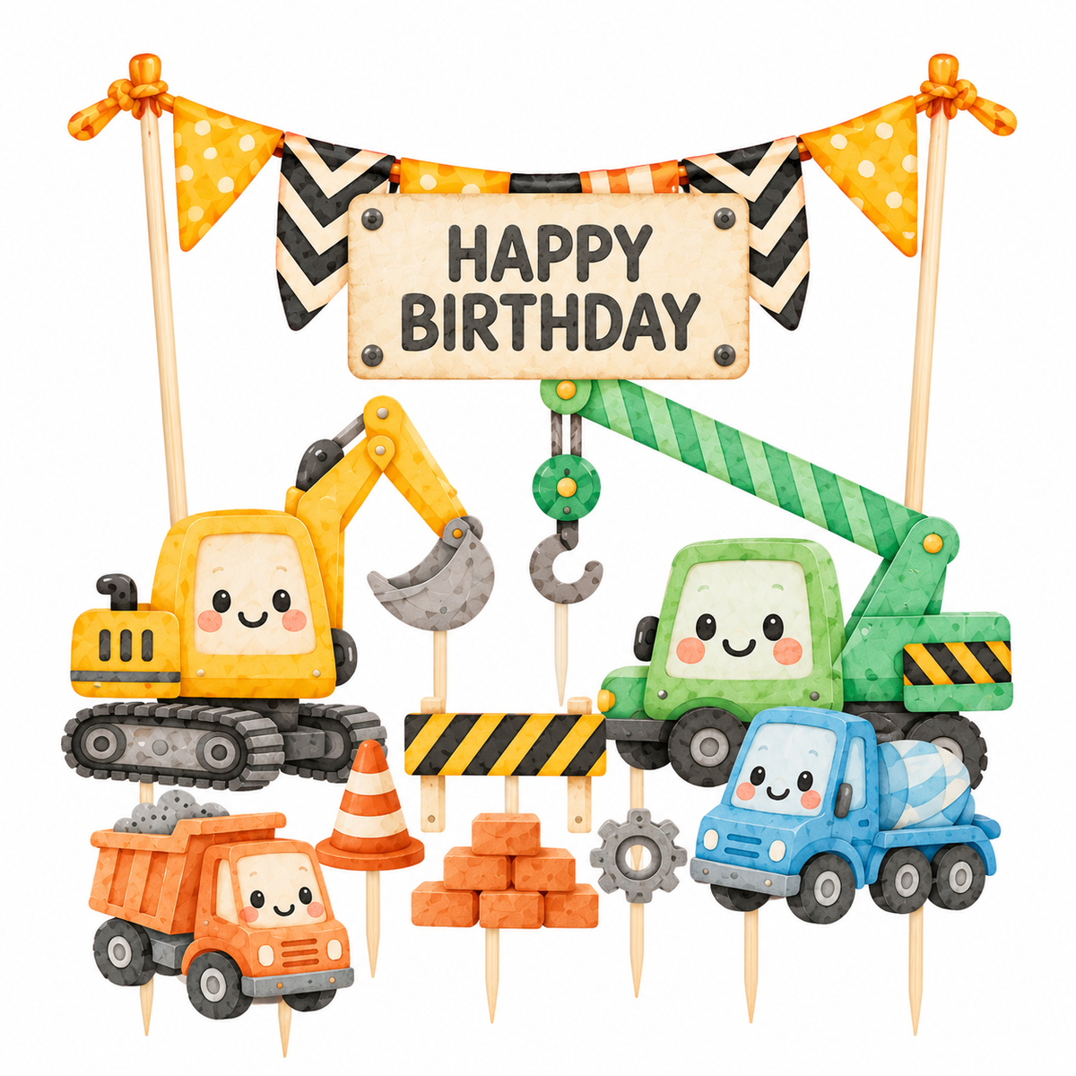Personalised Cars Vehicle, Crane, Digger, Construction work Birthday Cake Topper Set