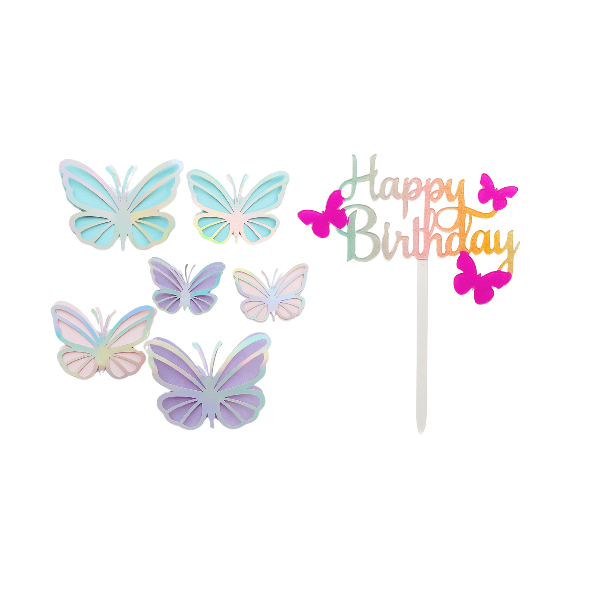 Iridescent butterfly cake toppers pink rainbow happy birthday acrylic cake decoration girl birthday decoration - TheLittleStuff