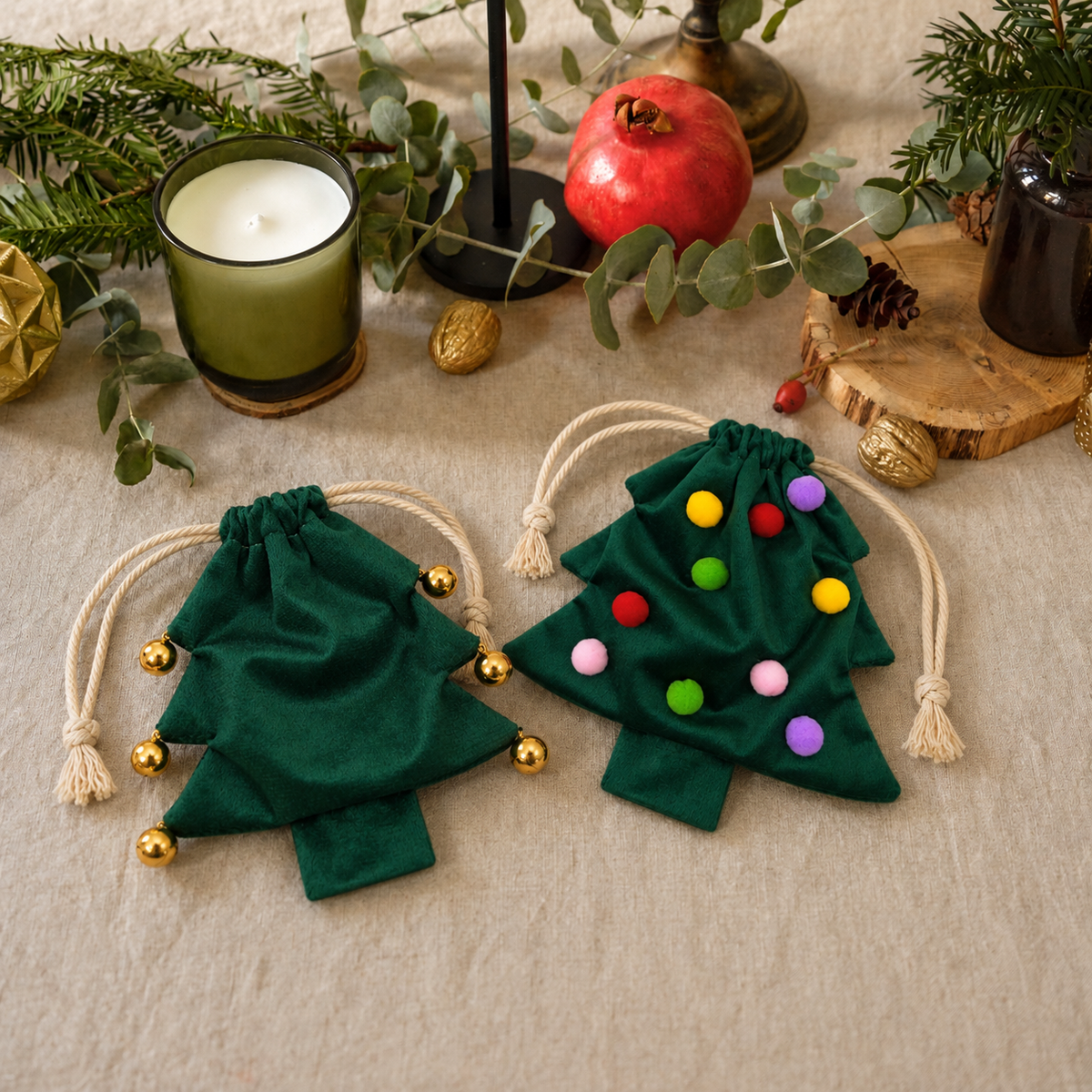 Christmas Tree shaped Pouches with Bell and Pom Pom decorations For Small Gifts, Money or Vouchers
