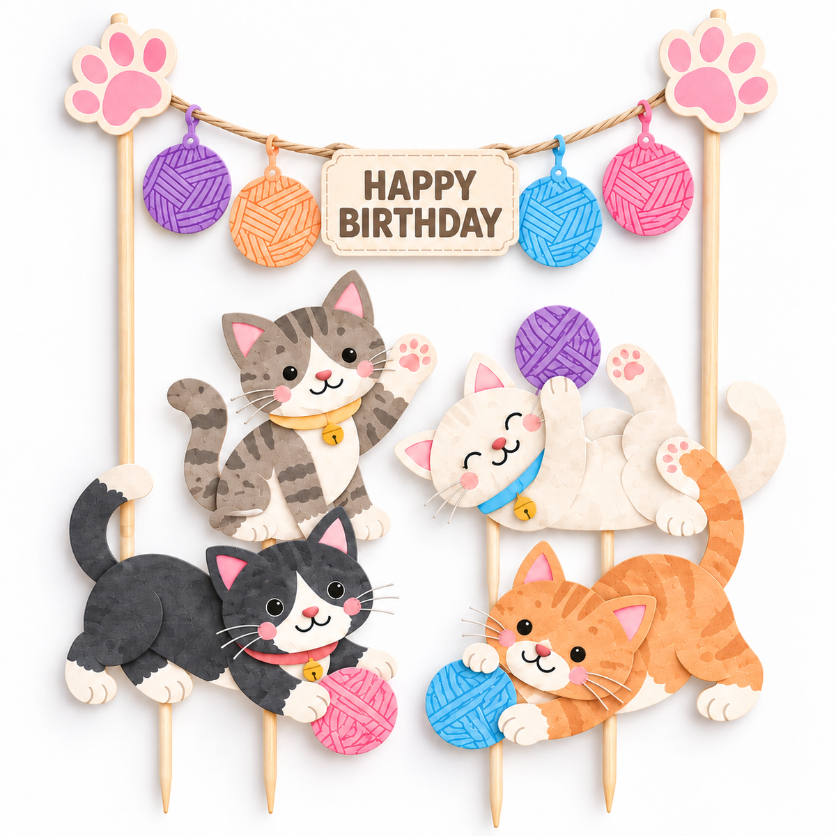 Personalised Cute Kitten Cats Birthday Cake Topper Set