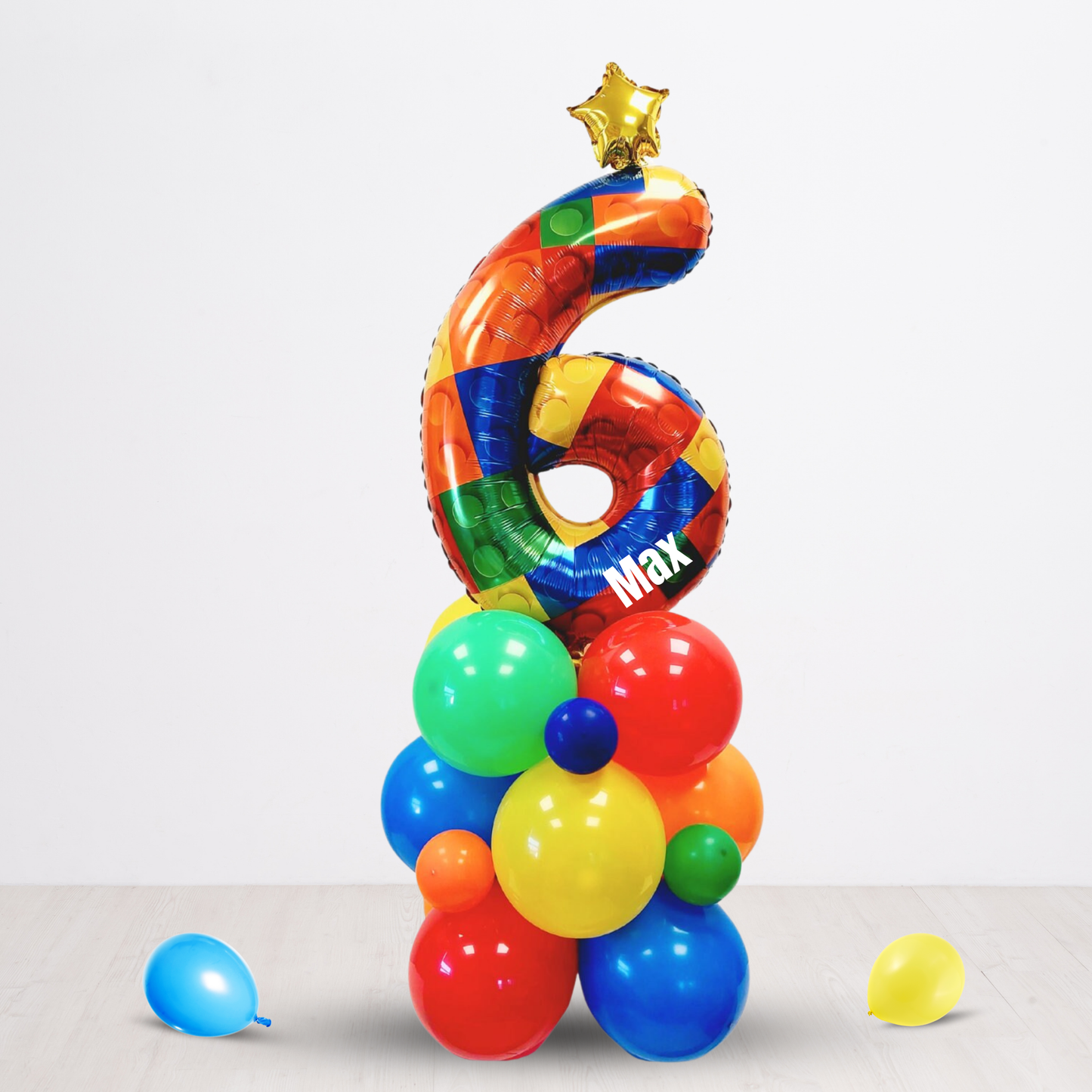 LEGO inspired Rainbow building blocks boys birthday balloon sculpture bouquet