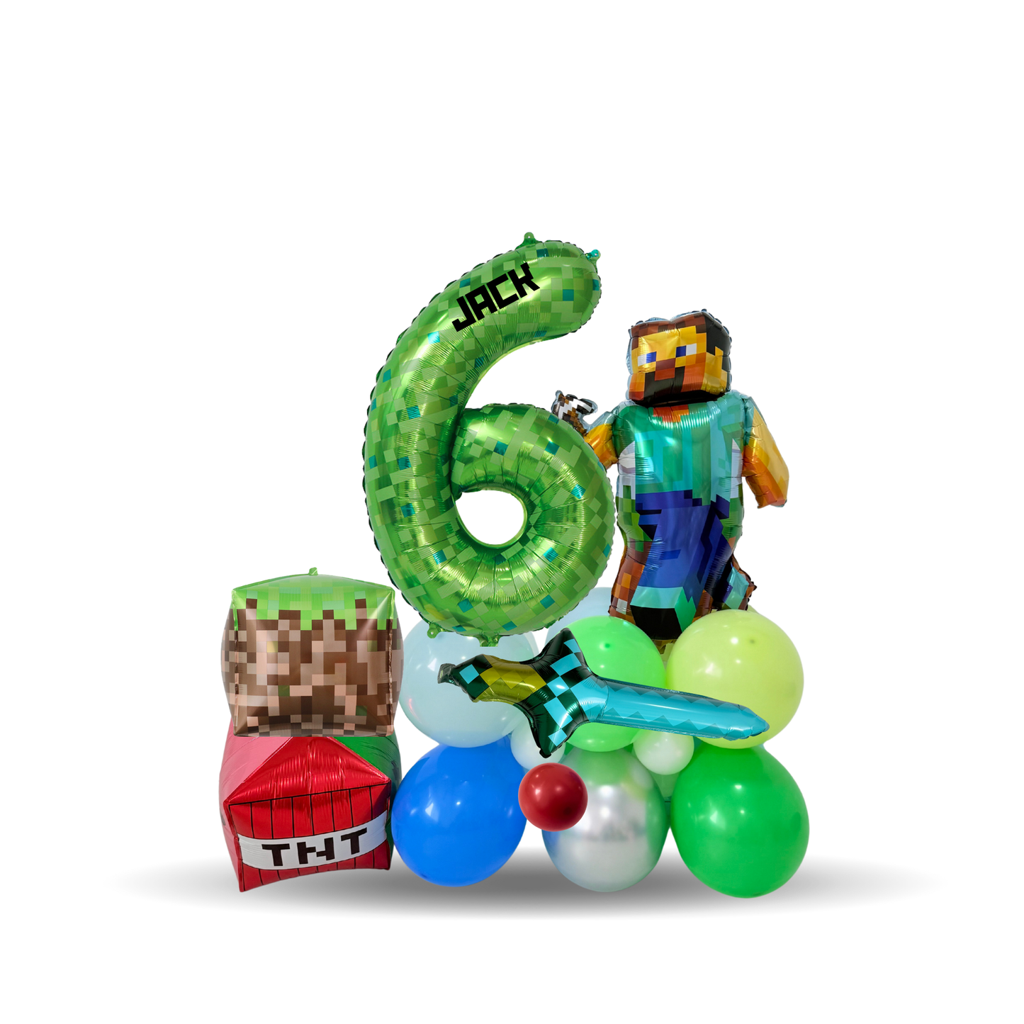 Minecraft themed DIY personalised balloon bouquet arrangement stack gaming games birthday party decoration girls and boys green or pink