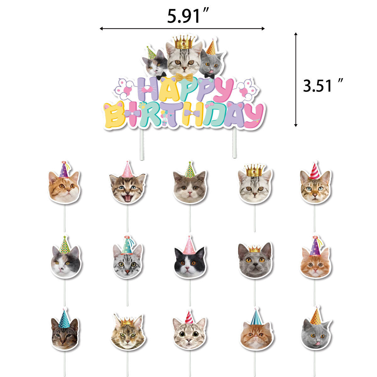 Cute cat themed birthday bunting banner and cake toppers