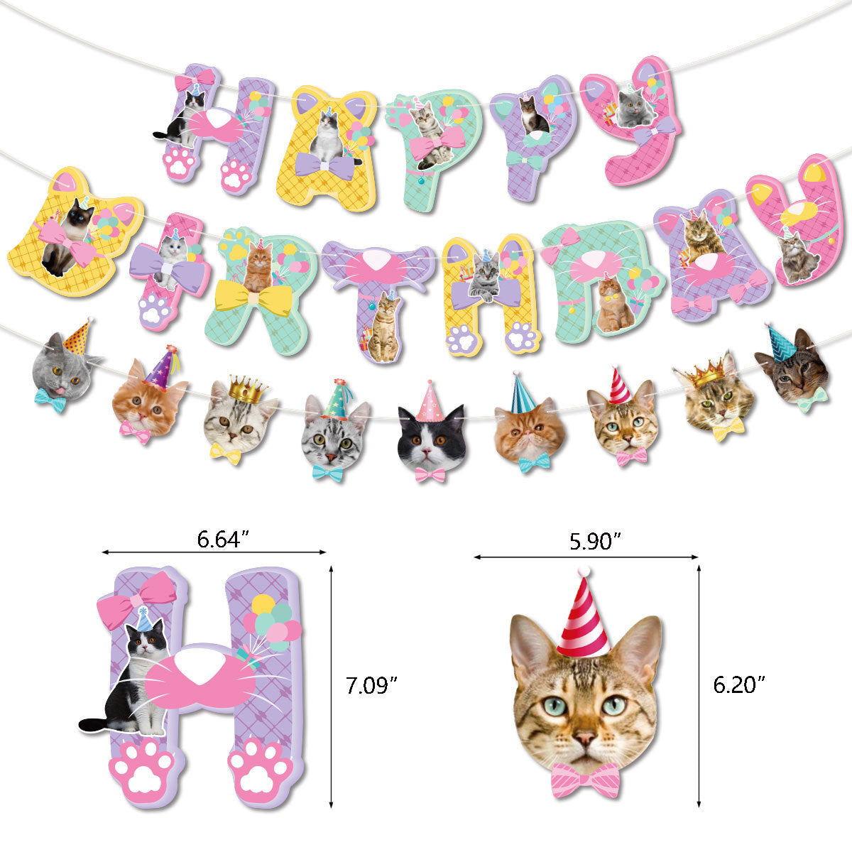 Cute cat themed birthday bunting banner and cake toppers