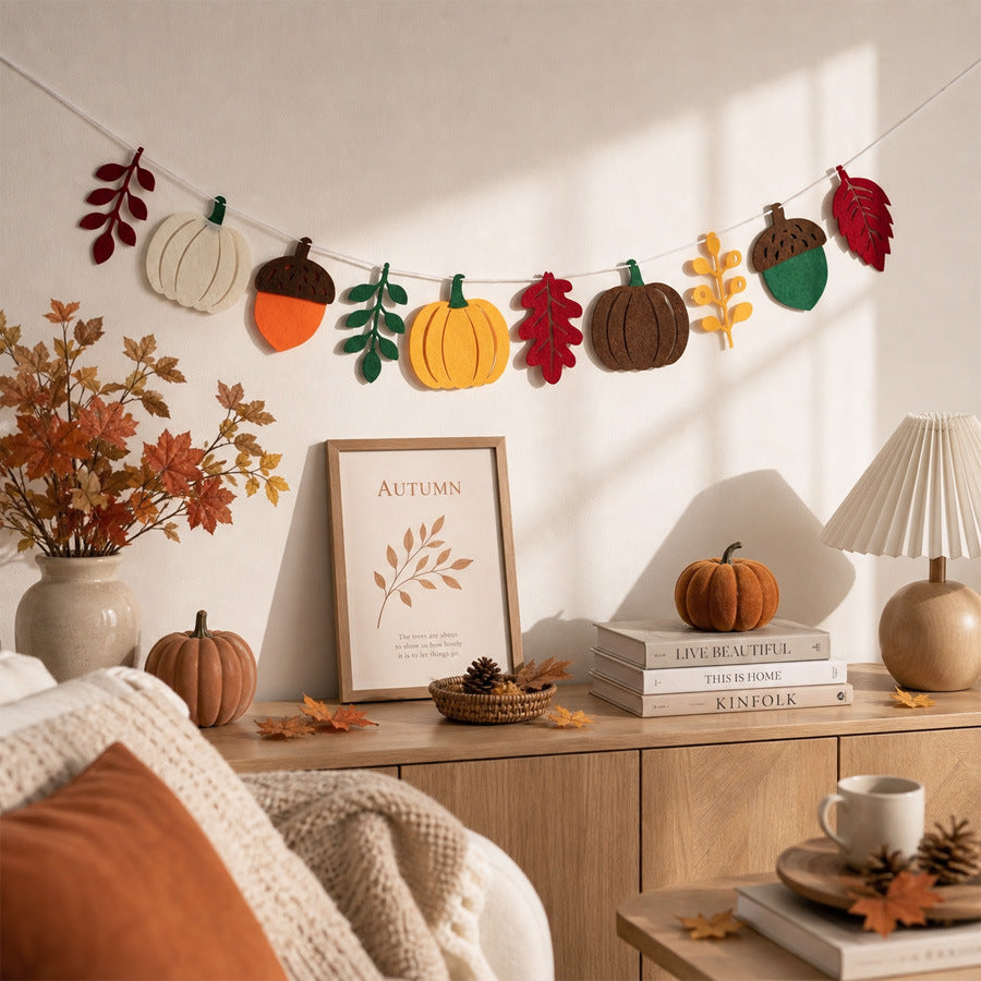 Handcrafted Felt Pumpkin and Leaves Garland For Autumn Harvest Season