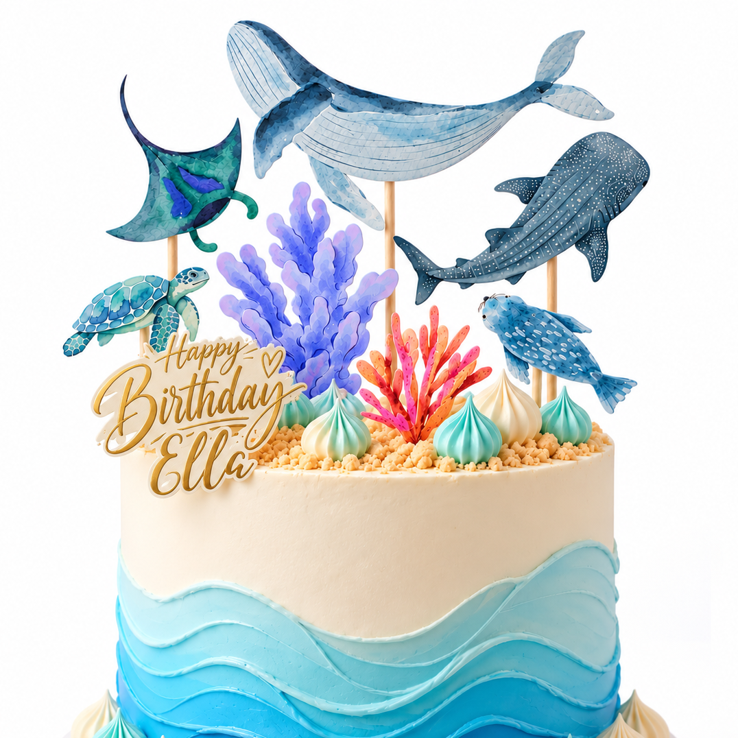 Personalised Under the Sea Cake Topper Set, Whale & Ocean Birthday Decorations