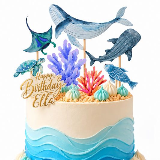 Personalised Under the Sea Cake Topper Set, Whale & Ocean Birthday Decorations