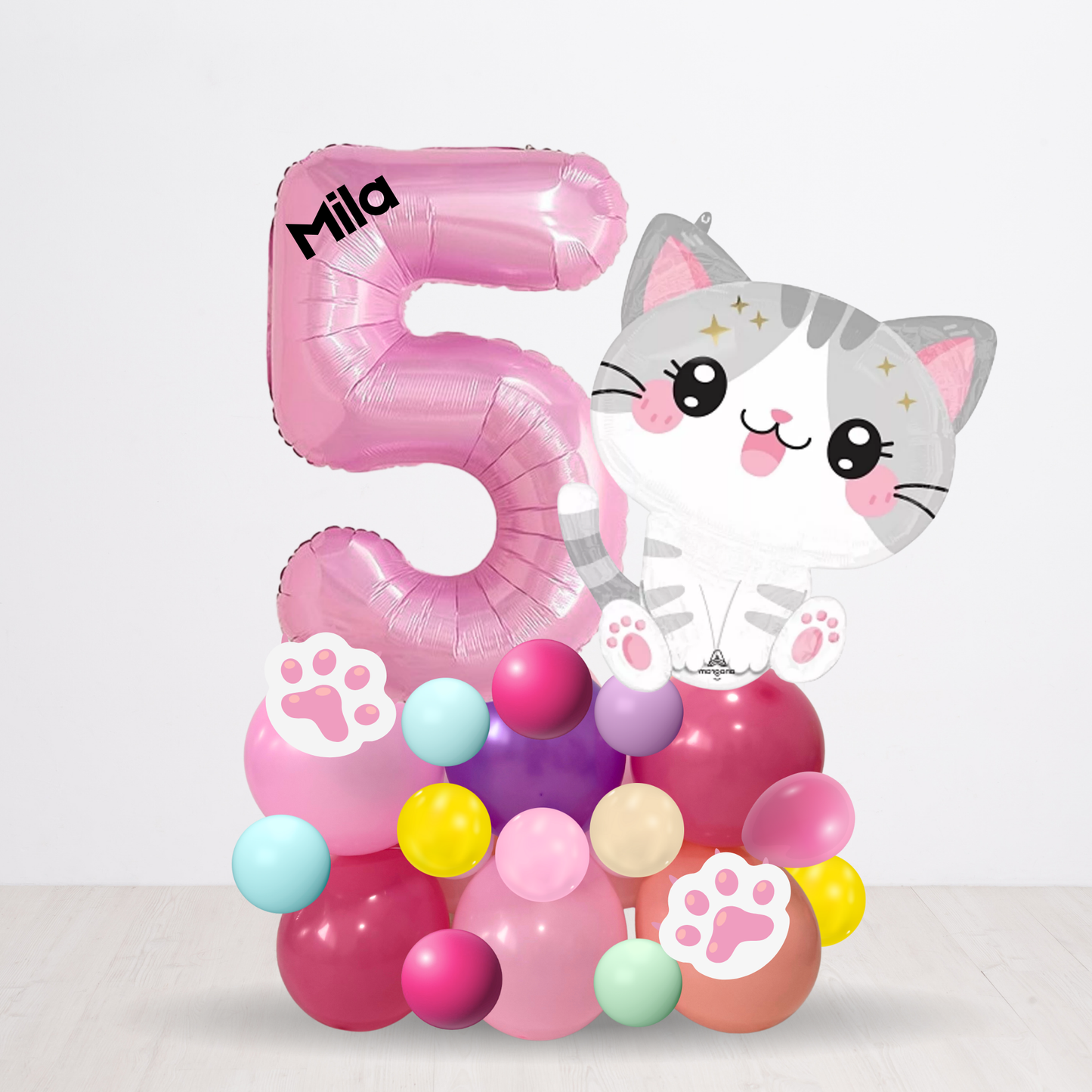 Balloon arrangement with a number 5 and cat design, featuring the personalised name