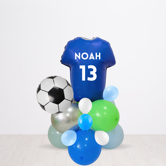 Personalised DIY green and blue sports football T shirt balloon sculpture stack stand