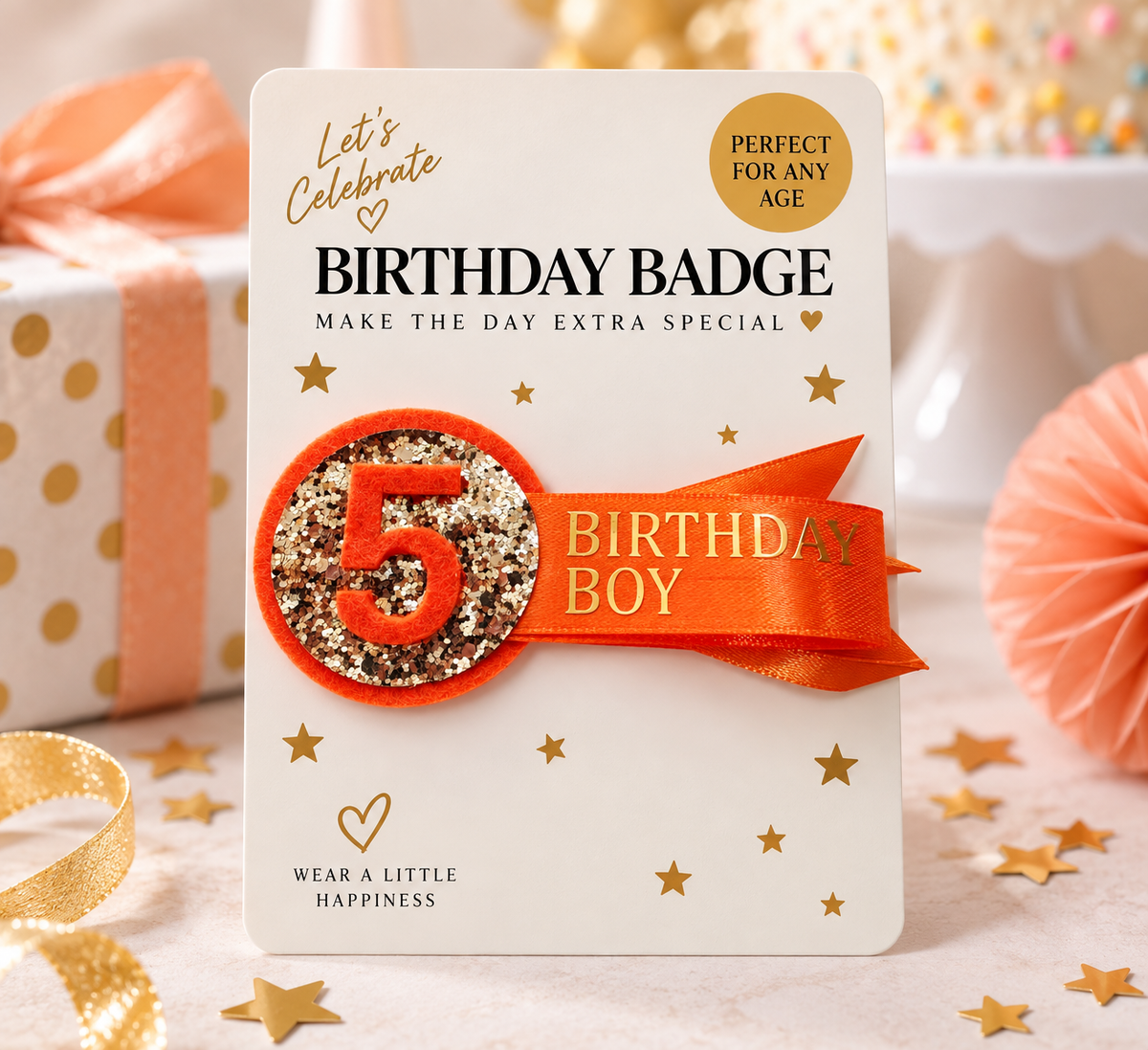 Personalised orange and gold birthday badge for boy with custom age and Happy Birthday wording