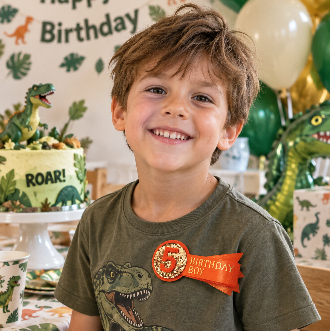 A smiling young boy wearing a green dinosaur-print birthday shirt and an orange '7th Birthday Boy' ribbon pin, standing at a dinosaur-themed birthday party with a cake, balloons, and a 'Happy Birthday' backdrop.