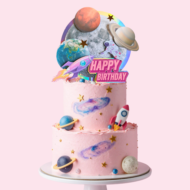 Pink and Purple Universe Space Rocket 3D effected cake topper pick handmade for girls birthdays