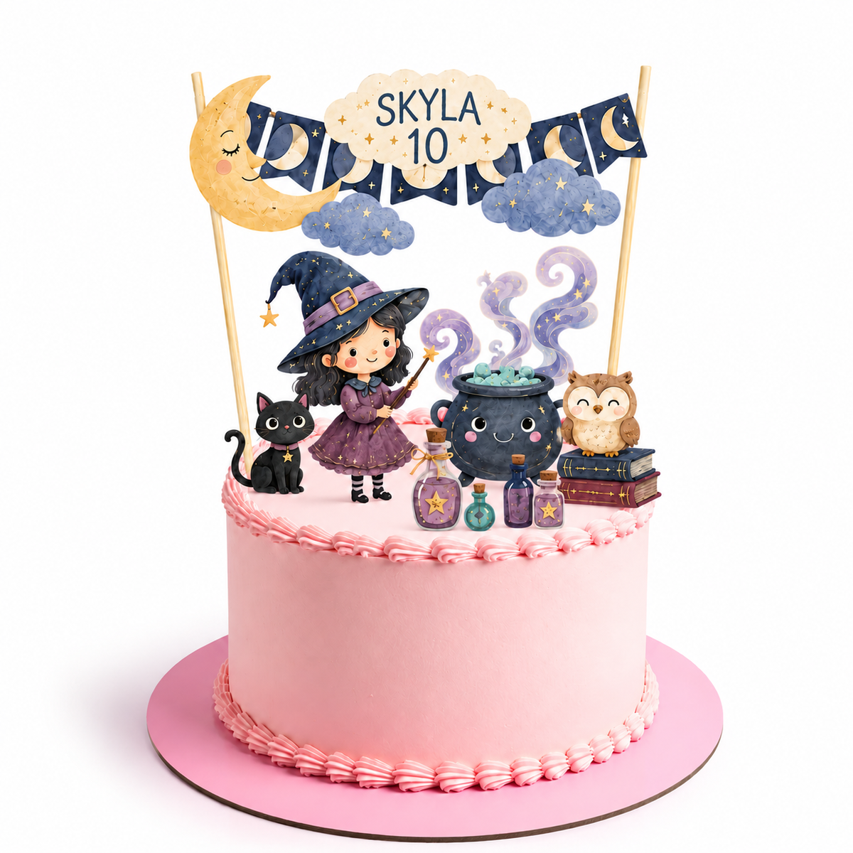 Personalised Witch Birthday Cake Topper Set – Pastel Magic Moon, Cat & Potion Party Decorations