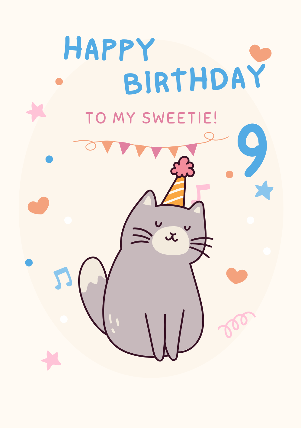 A cute birthday card design with a gray cat wearing a party hat and the text 'HAPPY BIRTHDAY TO MY SWEETIE!' plus a large number 9, on a warm cream background.