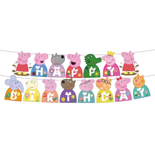 Peppa pig Inspired Style Happy Birthday Bunting Banner Flowers and Muddy Puddles - TheLittleStuff