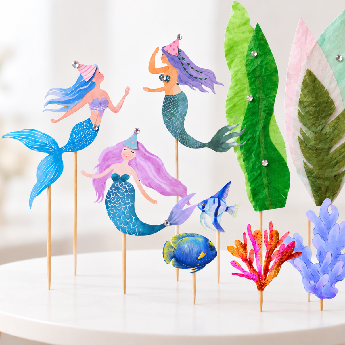 Mermaid Birthday Cake Topper Set, Under the Sea Cake Decorations with Mermaids, Fish & Coral - TheLittleStuff