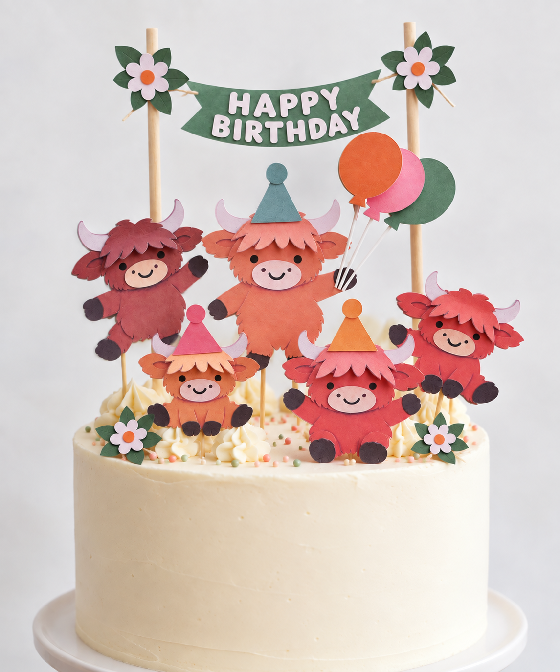 Personalised Highland Cow Birthday Cake Topper Set