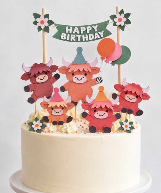 Personalised Highland Cow Birthday Cake Topper Set