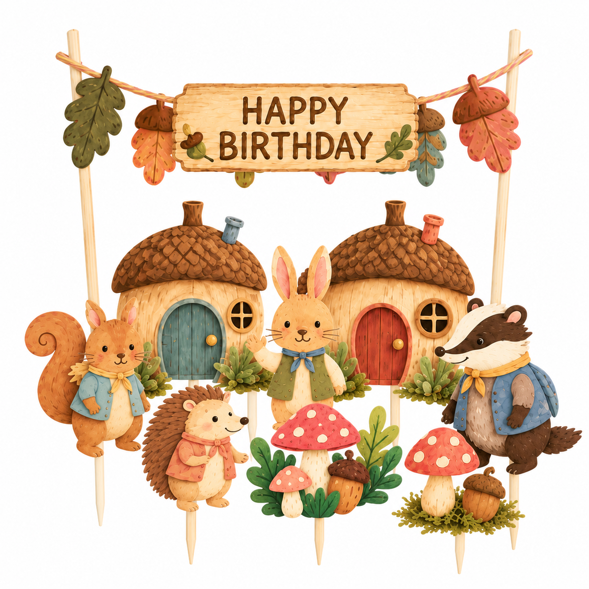 Personalised Woodland Animals Rabbits Pine Cones Birthday Cake Topper Set
