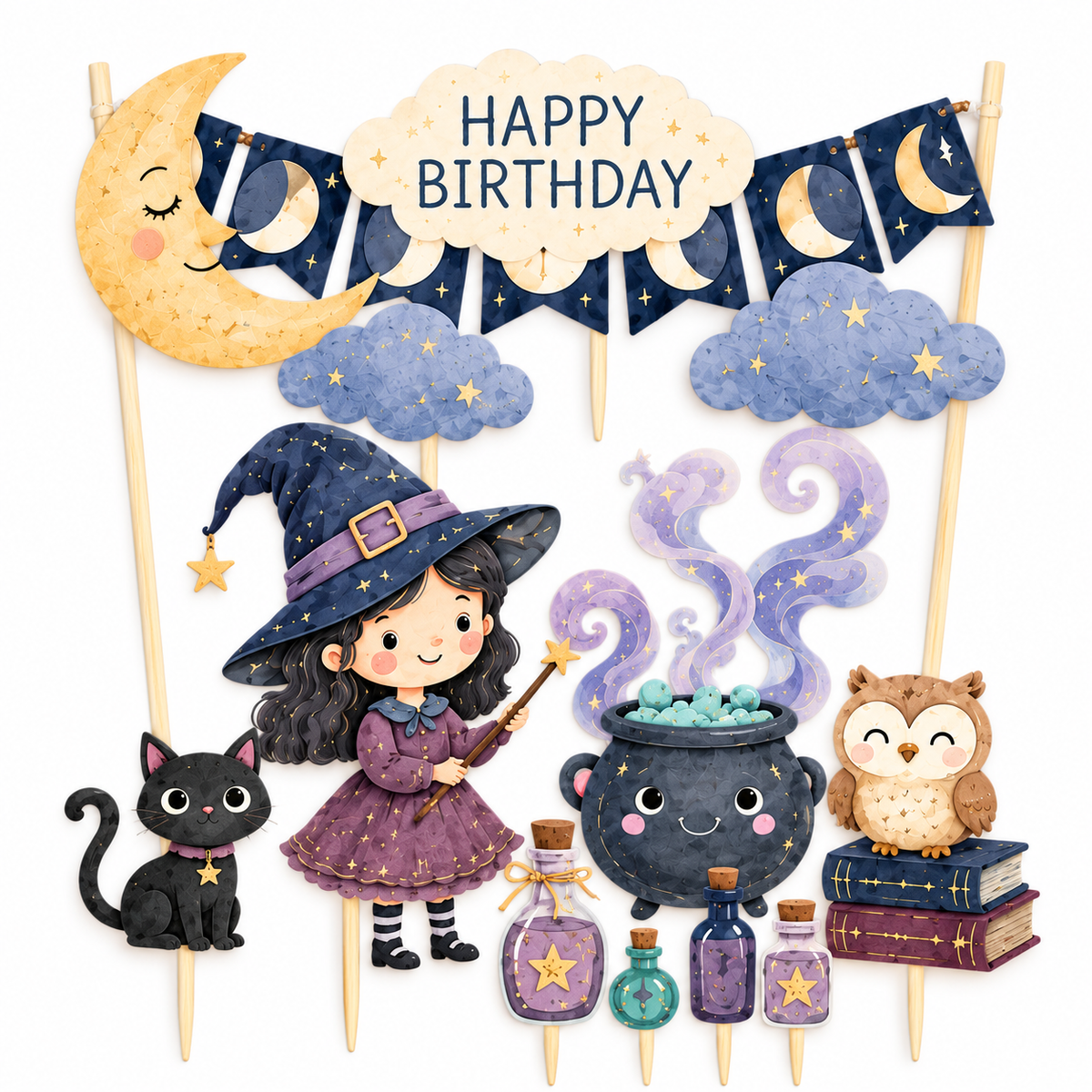 Personalised Witch Birthday Cake Topper Set – Pastel Magic Moon, Cat & Potion Party Decorations