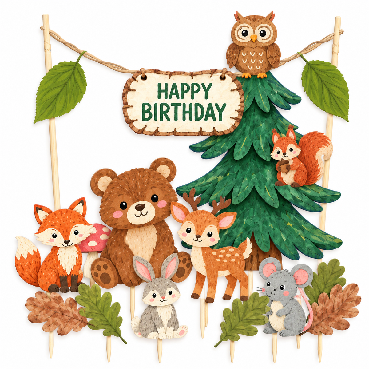 Personalised Woodland Animals Birthday Cake Topper Set