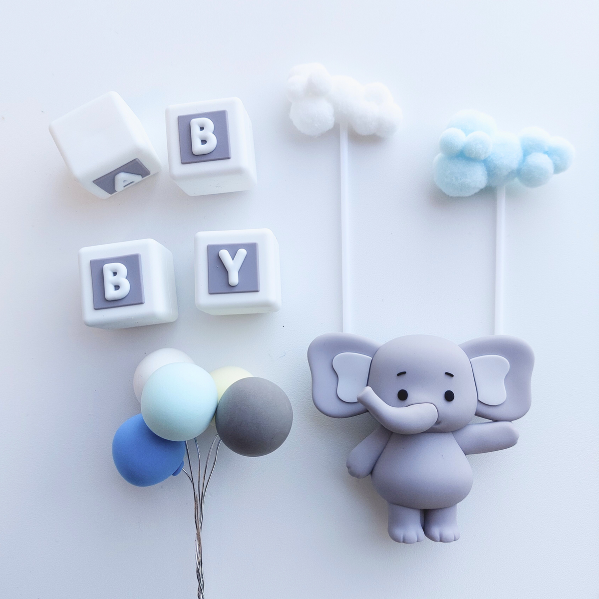 Baby shower elephant with balloons boys girls cake topper set product photo 6