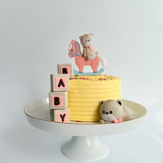 Baby shower pink teddy bear blocks girls cake topper set product photo