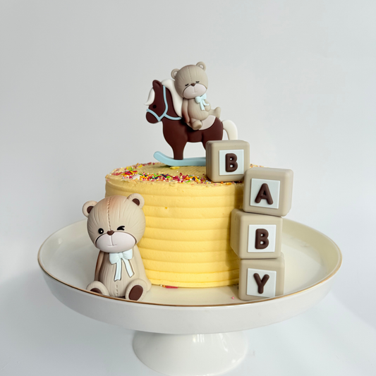 Baby shower blue and chocolate teddy bear blocks boys girls cake topper set product photo