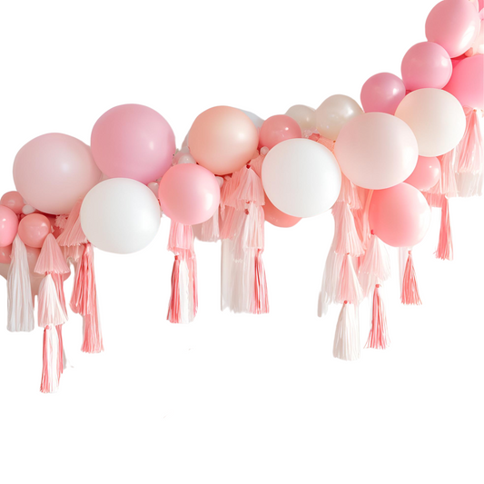 Ballerina style pastel pink white balloon garland with tassels product photo