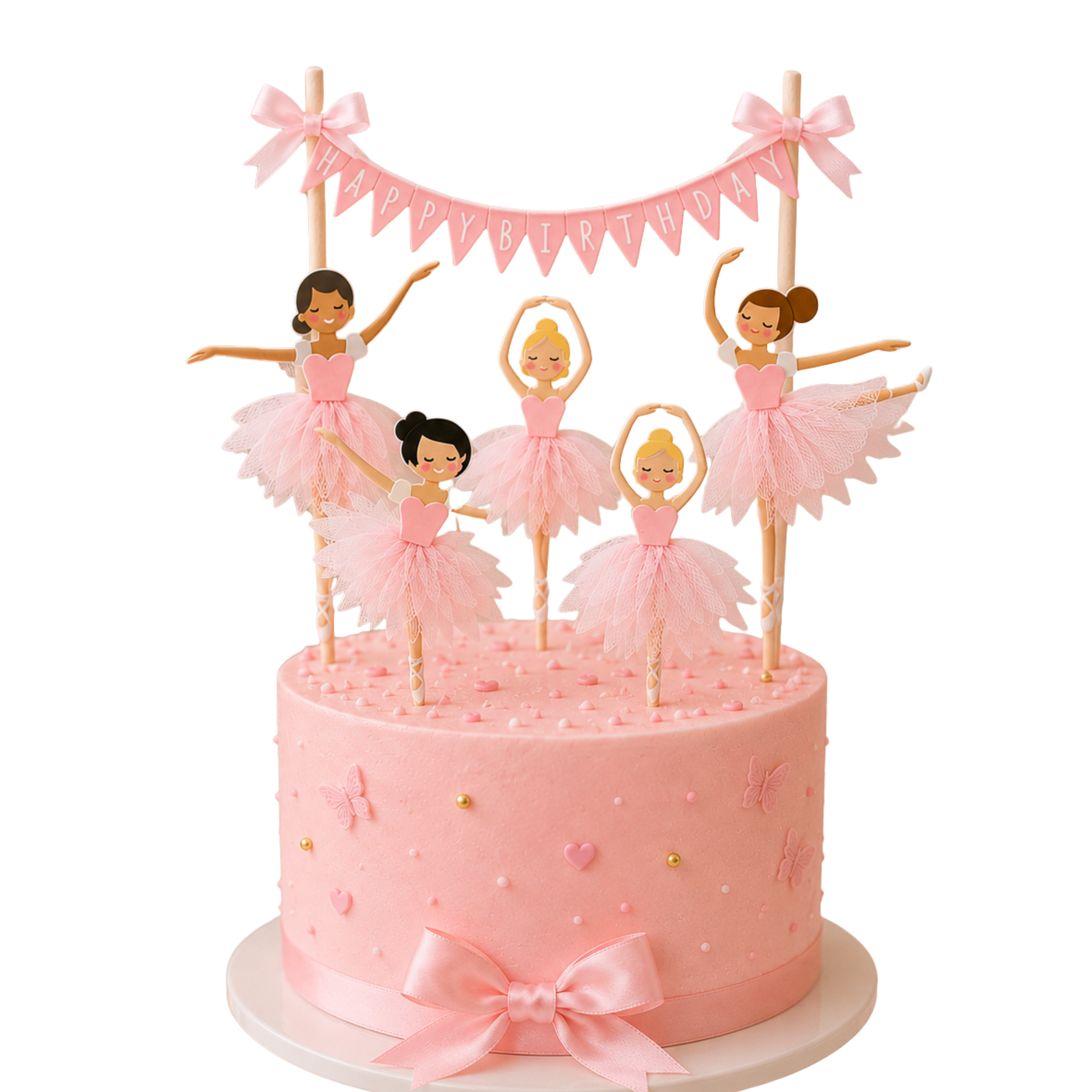 A pink round birthday cake topped with five ballerina figurines and a pink bunting banner reading 'Happy Birthday', set against a plain white background.